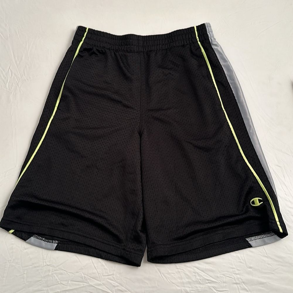 Champion black mesh athletic shorts with gray and neon yellow trim